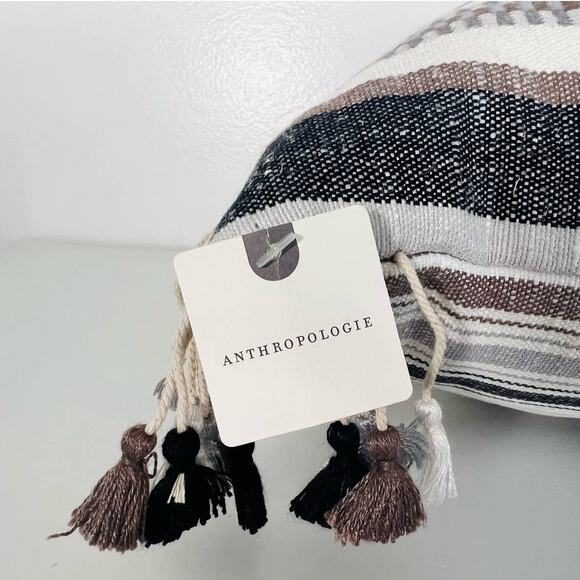Anthropologie Hadley Throw Pillow Neutral & Blue Stripes with Tassels 18X18in - Picture 3 of 5